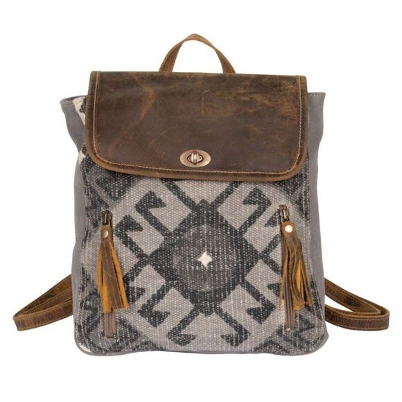 Myra Bag Handmade Felicity Backpack Upcycled Canvas & Cowhide Leather - Picture 6 of 7